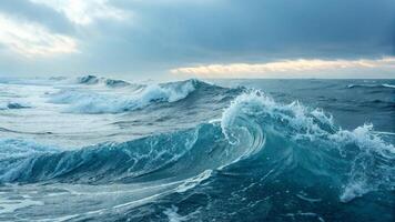 Large waves crashing on the ocean with a cloudy sky photo