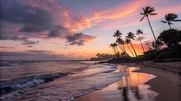A beautiful sunset on the beach with palm trees photo