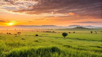 Serene Sunset Grassland with Rolling Hills and Distant Mountains photo