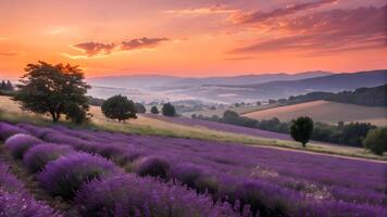 Vibrant Lavender Field at Sunset with Rolling Hills and Warm Sky photo