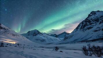 The aurora borealis lights up the sky over mountains photo