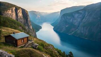 Wooden Cabin Overlooking Calm Fjord with Rugged Cliffs photo