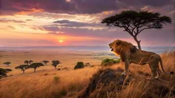 Lion standing on the hill at sunset photo