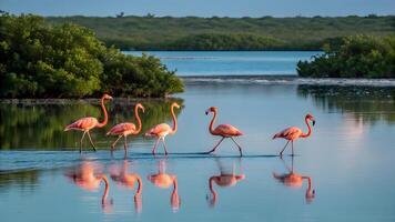 Elegant Flamingos Reflected in Serene Shallow Water photo