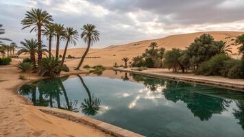 A pool surrounded by palm trees in the desert photo
