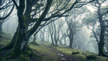 A path through a forest with trees and moss photo