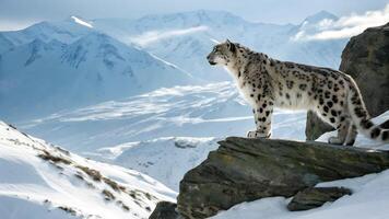 Snow Leopard on Rocky Outcrop in Snowy Mountain Landscape photo