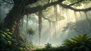 A painting of a jungle scene with trees and plants photo