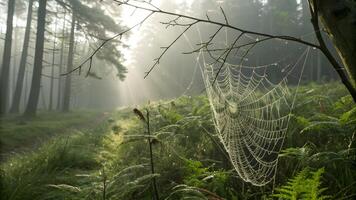 A spider web in the middle of a forest photo