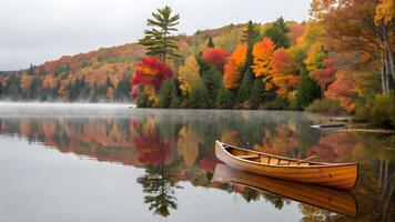 otoño lago con de madera canoa y vibrante follaje foto