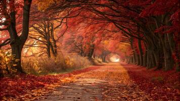 Scenic Autumn Pathway with Vibrant Red and Orange Foliage photo