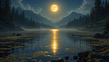 Serene Nighttime Landscape with Full Moon Reflecting on Calm Lake photo
