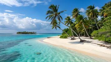 A tropical beach with palm trees and clear water photo