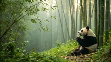 Panda Eating Bamboo in Dense Forest photo