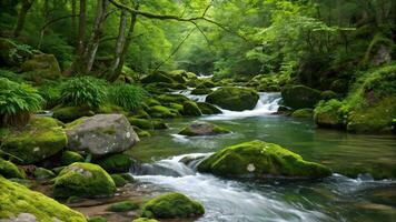 Serene Forest Stream with Moss-Covered Rocks and Lush Greenery photo