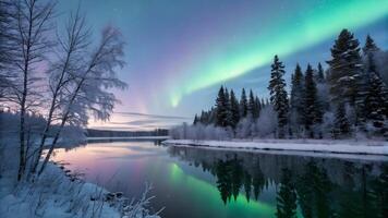 Serene Winter River with Snowy Trees and Vibrant Northern Lights photo