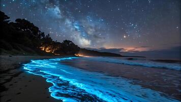 Starry Night Beach with Bioluminescent Waves and Milky Way photo