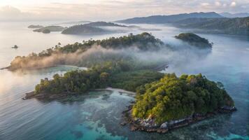 Aerial view of tropical island in the middle of the ocean with fog in the air photo