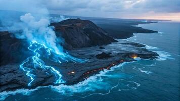 A lava flow is flowing into the ocean at sunset photo
