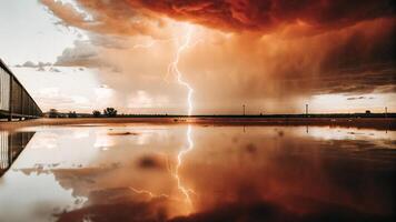 A lightning bolt is reflected in a puddle photo
