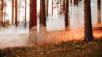 A forest fire is burning in the middle of a field photo