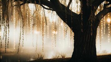 A tree with lights hanging from it in the fog photo