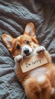 Cute puppy with sad eyes lying on a soft blanket, holding an I'm Sorry sign. Perfect image for apology or forgiveness themes. photo
