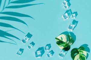 Summer day scene with ice cubes, palm leaf shadow and tropical monstera leaves on blue background. An original backdrop image with a play of light and shadow. Minimal concept. Flat lay. Copy space. photo