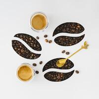 Creative layout made with coffee beans visible through a coffee beans shaped gaps and two cups of coffees on white background. Minimal concept. Coffee aesthetic. Flat lay, top view. photo