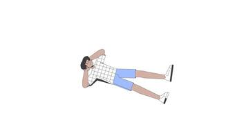 Young hispanic man in checkered tshirt lying on back with hands behind head 2D character animation. Carefree latino guy relaxed pose animated person cartoon 4K isolated on white transparent video