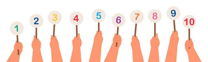 Numbers in hands. Numeric scorecard for judge competition. Jury results. Flat illustration isolated on white background. vector