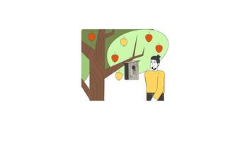 Caucasian man installing wooden birdhouse on apple tree 2D character animation. Caring for nature, wildlife conservation. Appletree guy animated person cartoon 4K isolated on white transparent video