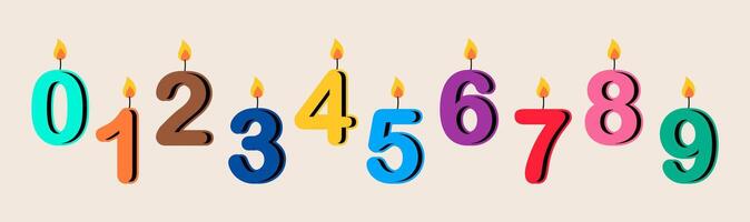 Birthday burning candles numbers shapes with burning flames. Colorful illustration vector
