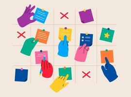 Hands of team members and color paper stickers. Teamwork development, planning concept. Colorful illustration vector