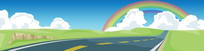 Banner of landscape with a asphalt road stretching towards the horizon. Rainbow arcs across the sky flanked by fluffy white clouds. Green hills roll in the background under blue sky and white clouds. vector