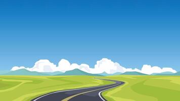 Stylized landscape with a winding road leading into the distance. Fluffy white clouds dot a bright blue sky above rolling green hills. Whimsical scene that evokes a sense of journey and open space. vector