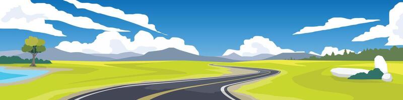 Landscape view of asphalt road that cuts through the grasslands. Road curves on the grassy slopes. Trees growing next to the water source. Background of mountains under blue sky and white clouds. vector