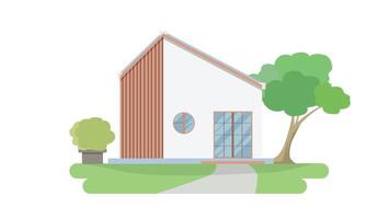 or illustration of a private Minimal Style house. Background of tree back side of house with pot side of house. Front of house with green grass. Isolated white background. vector