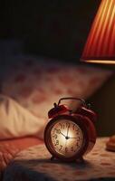 retro alarm clock on bedside table glowing warmly in cozy room photo