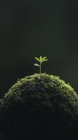 small green plant grows on moss covered sphere, symbolizing life and renewal in serene environment photo