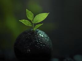 small green leaf growing on top of dark sphere, symbolizing nature and growth in serene environment photo