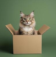 Curious cat sitting in cardboard box alert expression photo