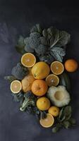 Fresh fruits and vegetables including oranges, broccoli, and leafy greens photo