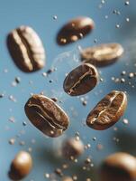 Floating coffee beans create captivating scene with smoke and motion photo