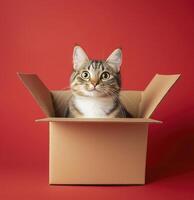 a Curious cat sitting in a cardboard box red background photo