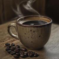 steaming cup of coffee with coffee beans beside it, creating warm atmosphere photo