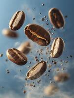 Floating coffee beans create dynamic scene with smoke against blue background, evoking sense of freshness and energy photo