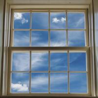 beautiful window view showcasing bright blue sky with fluffy clouds. sunlight enhances serene atmosphere, inviting sense of calm photo