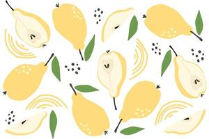 Sweet pear fruit set flat design pattern. Sliced ripe sweet pears pattern vector