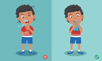Kid boy right and wrong sneezing in hand and handkerchief illustration vector